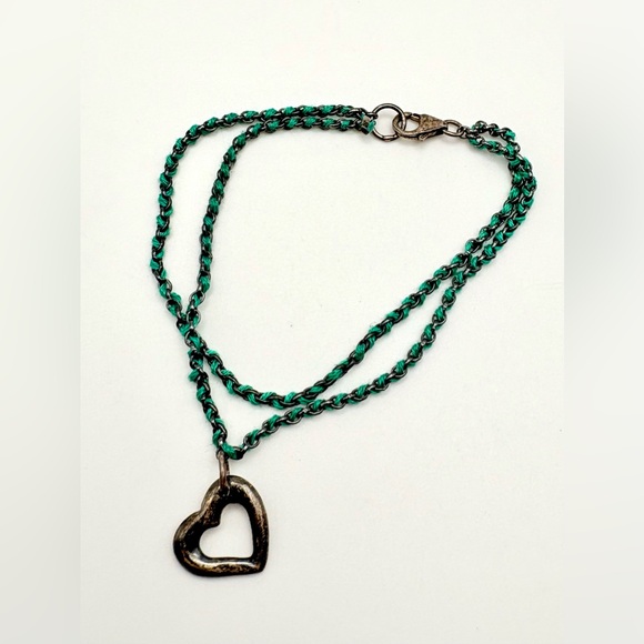 Vintage 925 Sterling Silver Woven Green Silk Open Heart Double Chain Bracelet - Picture 3 of 6